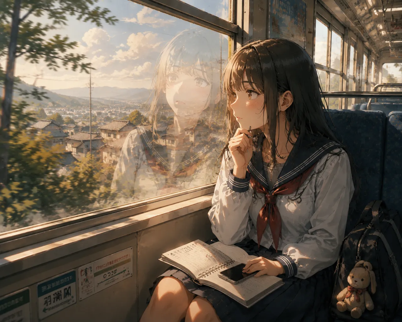 二次元动漫：电车窗边的水手服 效果图
