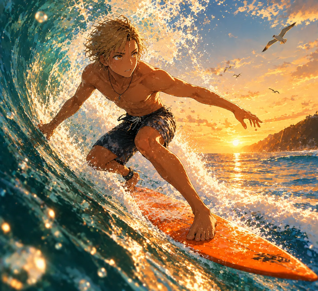 海辺のサーフィン少年