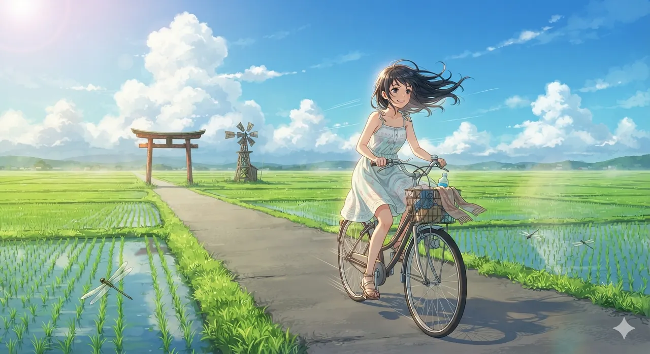 アニメ：田んぼの小道を走る少女