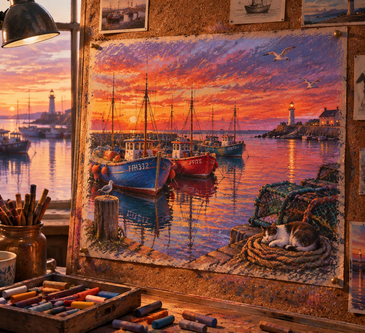 Art pastel gras : port au crépuscule