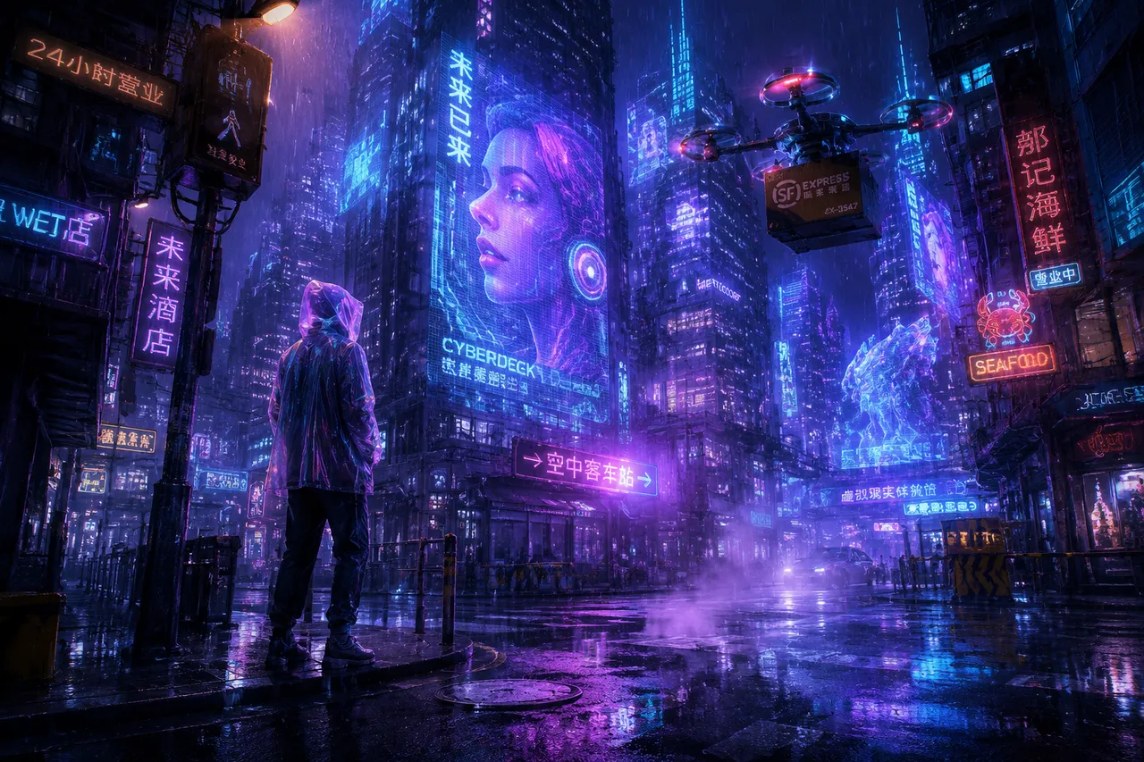 赛博朋克：雨夜霓虹街角 效果图