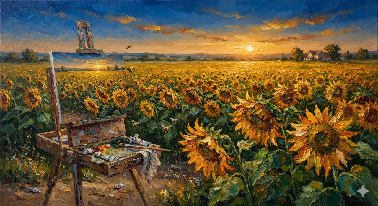 Art : champ de tournesols en impasto