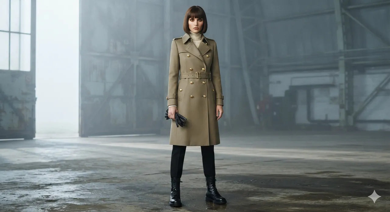 Mode : trench militaire dans le hangar brumeux