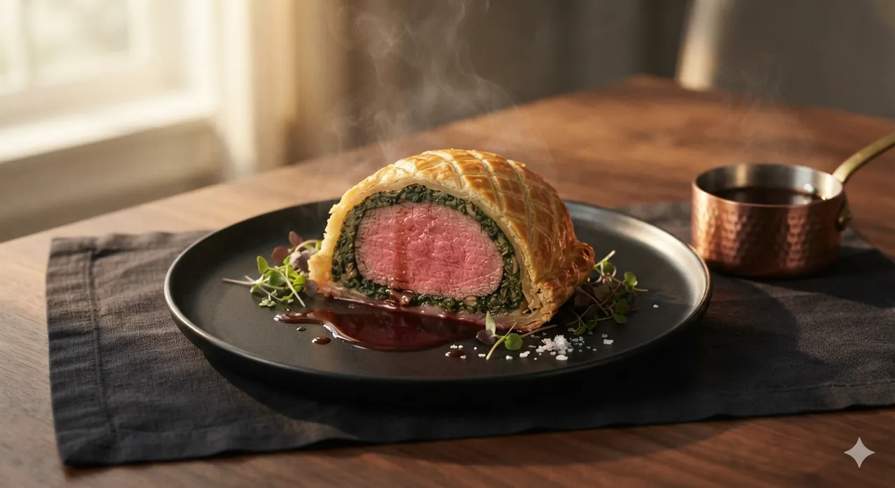 Comida: Beef Wellington con reducción de vino tinto