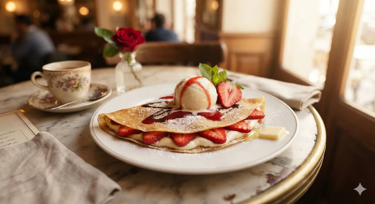 Comida: Crepa de fresa en la cafetería de París