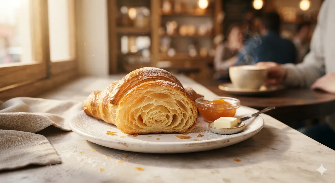Essen: Butter-Croissant auf Marmor