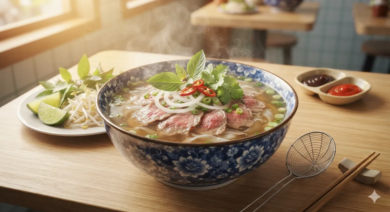 美食摄影：晨光清汤里的越南牛肉河粉