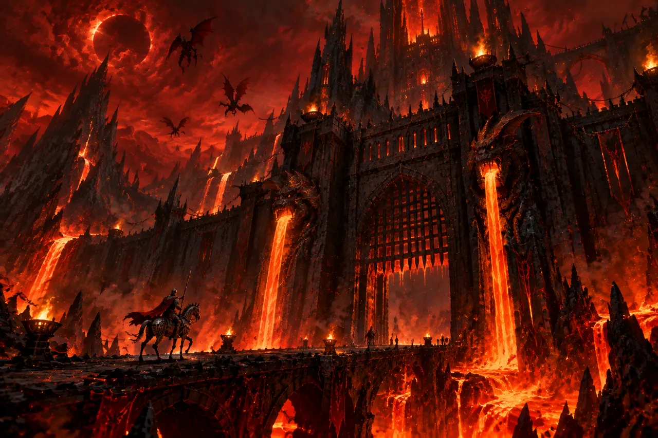 Key art de juego: fortaleza de lava en obsidiana