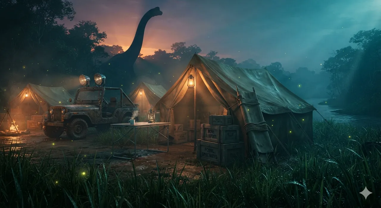 Art de jeux : camp de dinosaures sur la rivière brumeuse