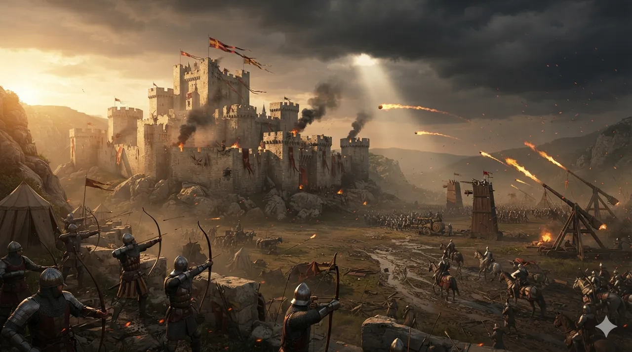 Game-Art: Mittelalterliche Belagerung in der Abendsonne