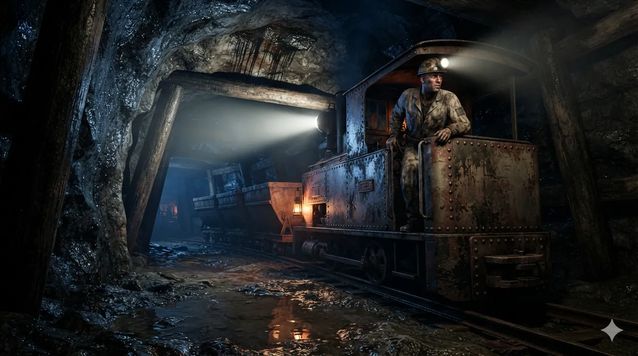 Art de jeux : train de mine sous lumière tungstène