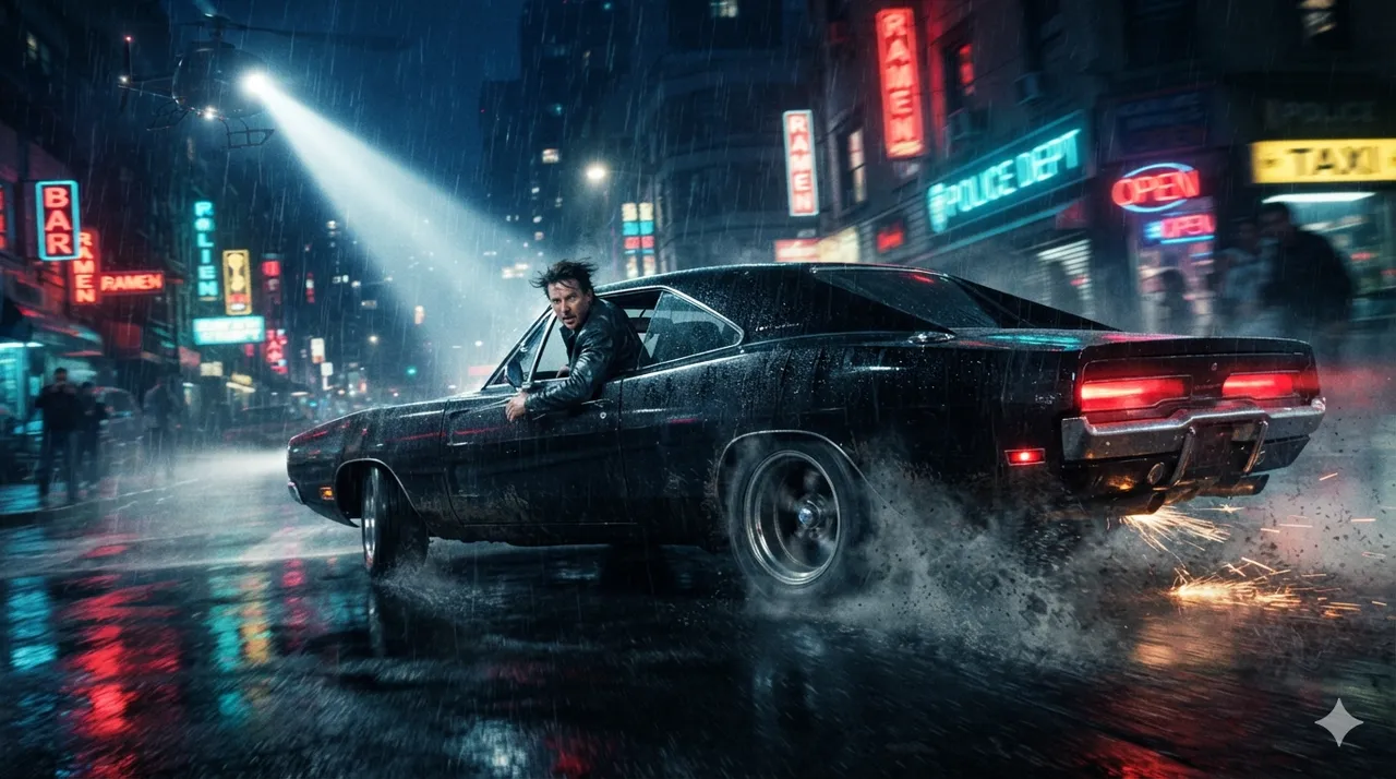 Game-Art: Nächtliche Verfolgungsjagd im Neonregen