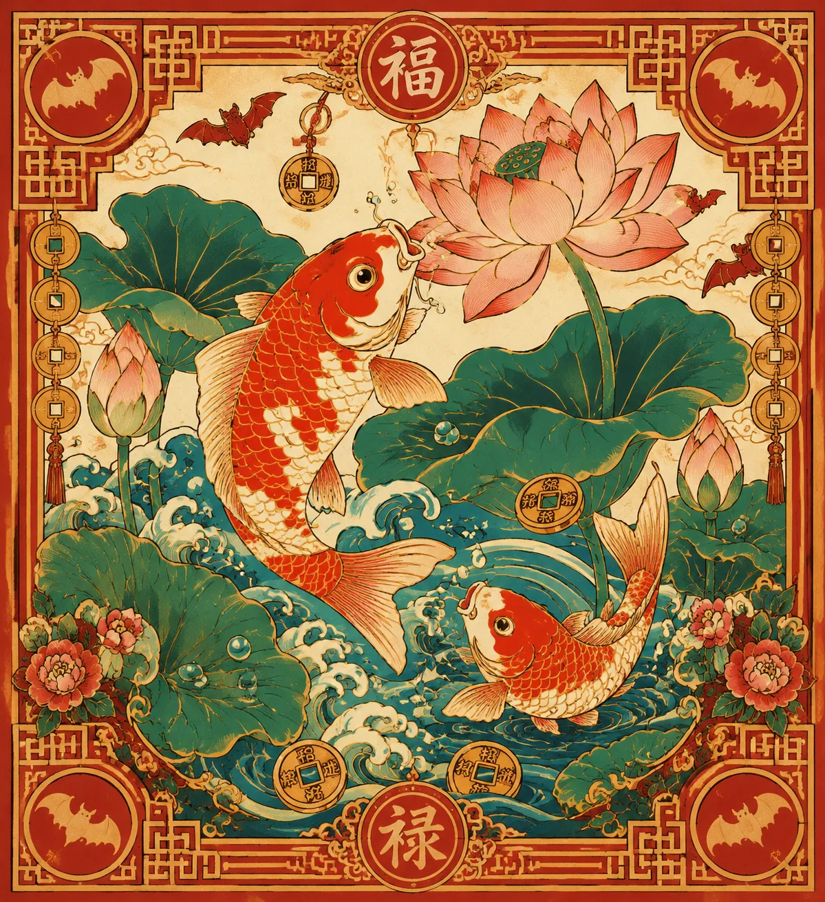 国潮古风：锦鲤戏莲年画 效果图