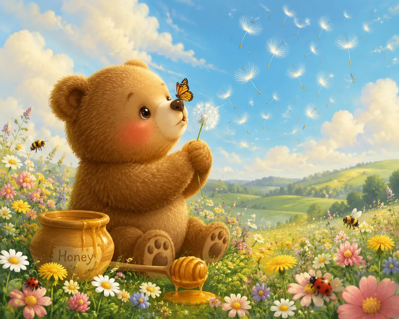 插画设计：花丛中的小熊 效果图