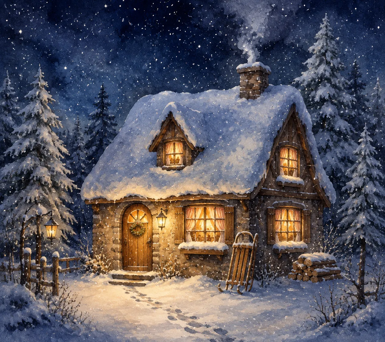 插画设计：雪屋暖灯 效果图