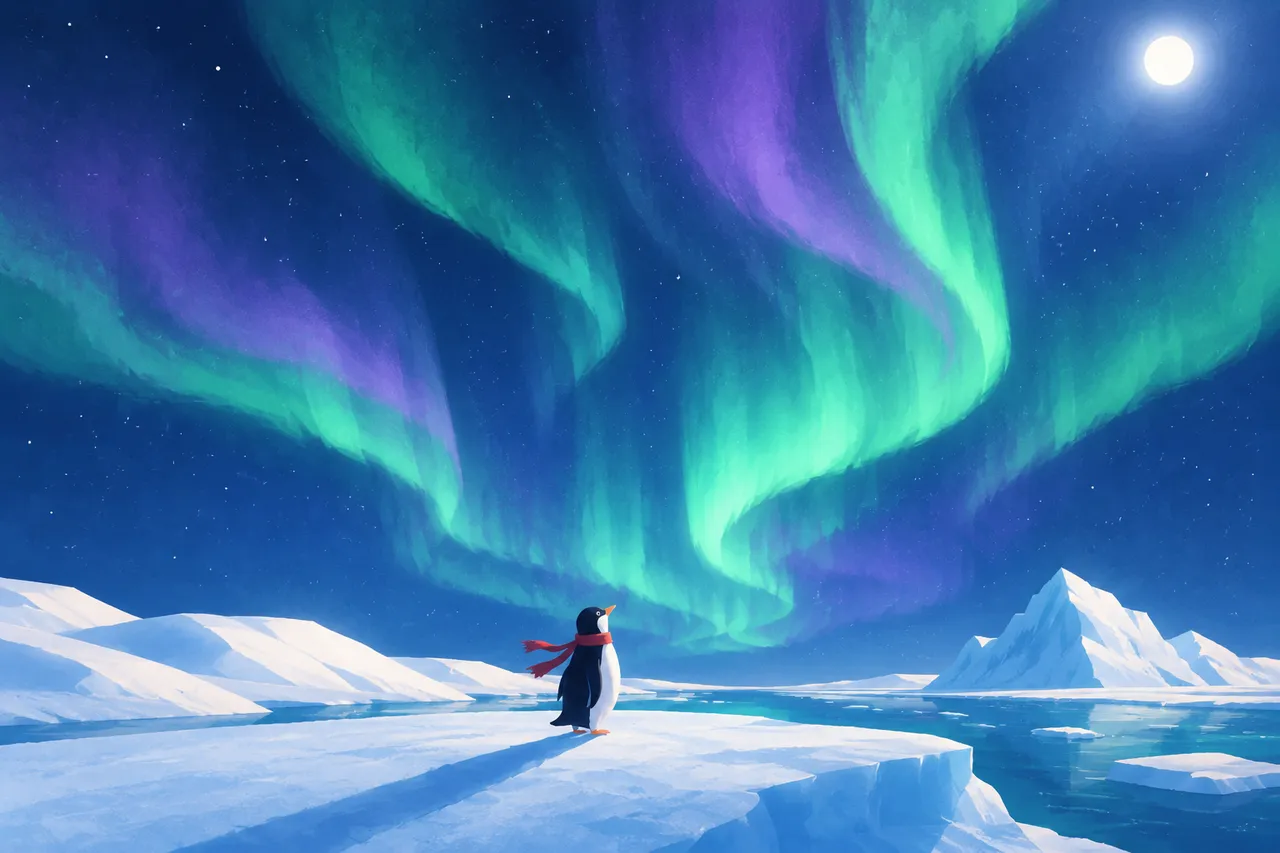 Ilustrasi: Penguin di Bawah Aurora