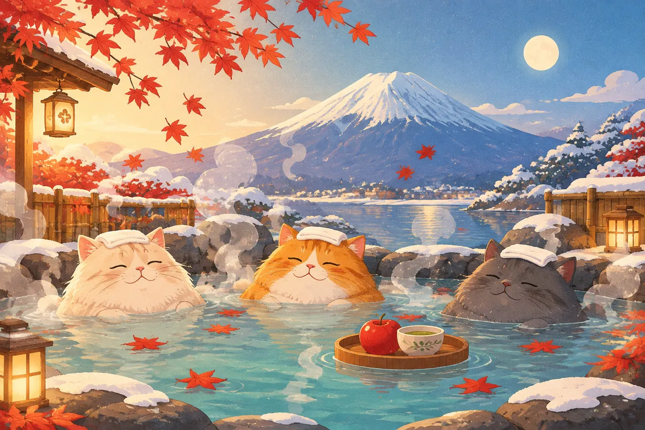 Cozy Illustration: Cats in Hot Spring