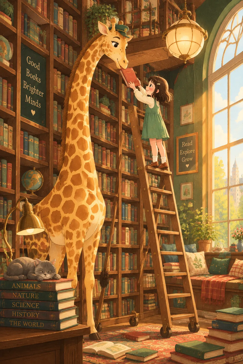 癒しイラスト：キリンの図書館員