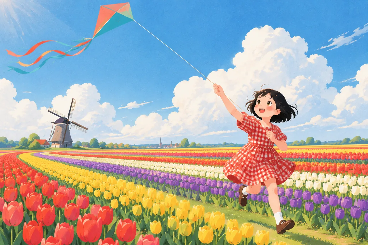 Ilustración de Primavera: Cometa sobre Campos de Tulipanes