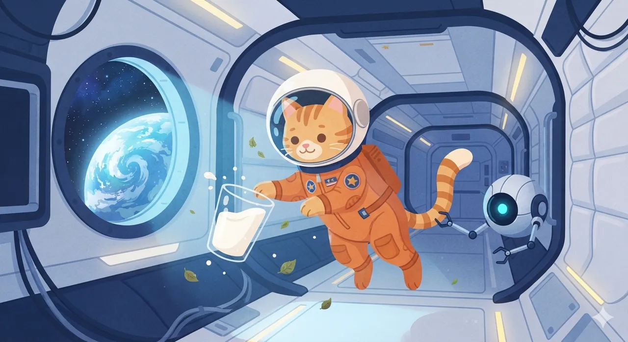 Illustration : chat roux astronaute dans la station