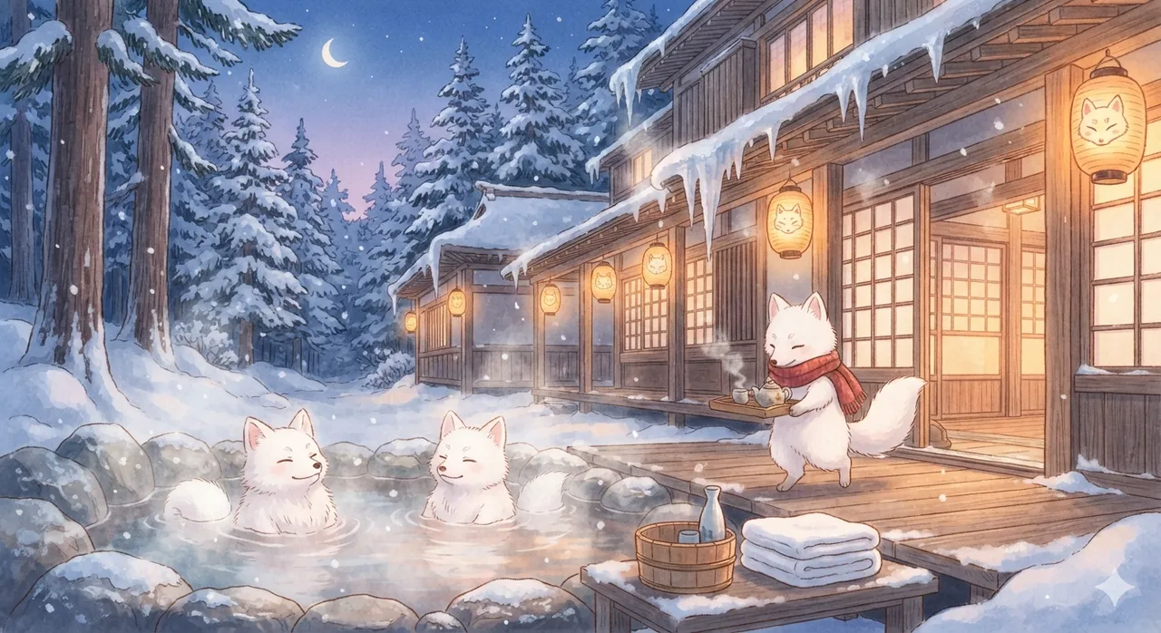 Ilustrasi: Dua Rubah di Onsen Bersalju
