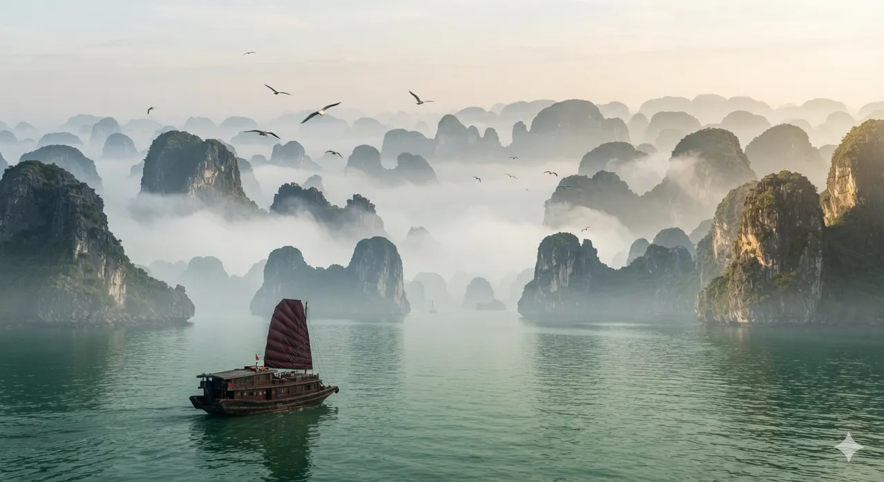 Paysage : Baie d'Ha Long dans la brume de l'aube