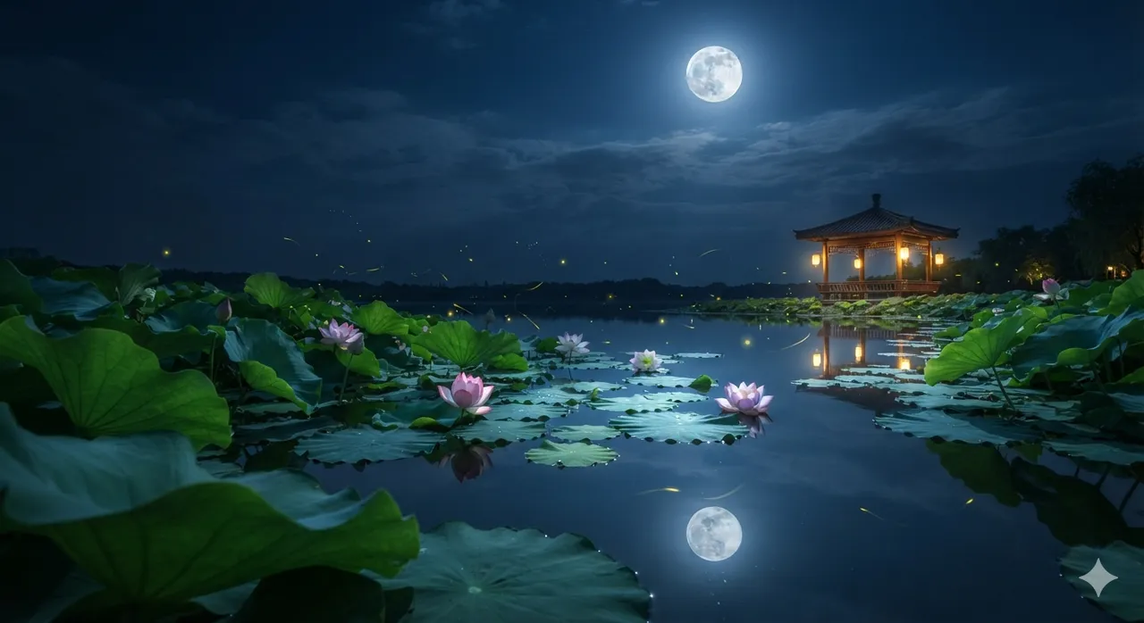 Landschaft: Lotusteich unter dem Vollmond