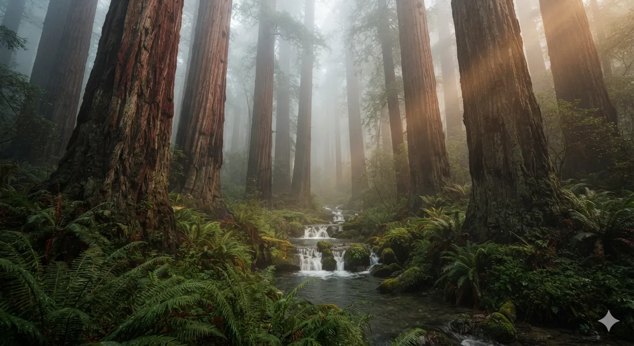 Paysage : Forêt de séquoias dans la brume du matin