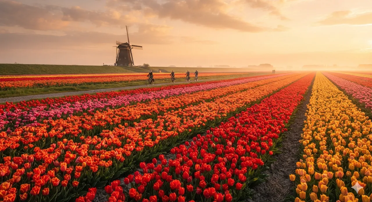 Landschaft: Tulpenfelder im goldenen Licht