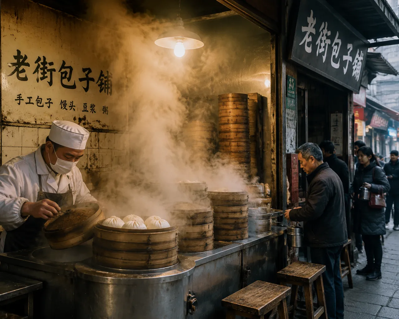 写实摄影：包子铺晨光蒸汽 效果图
