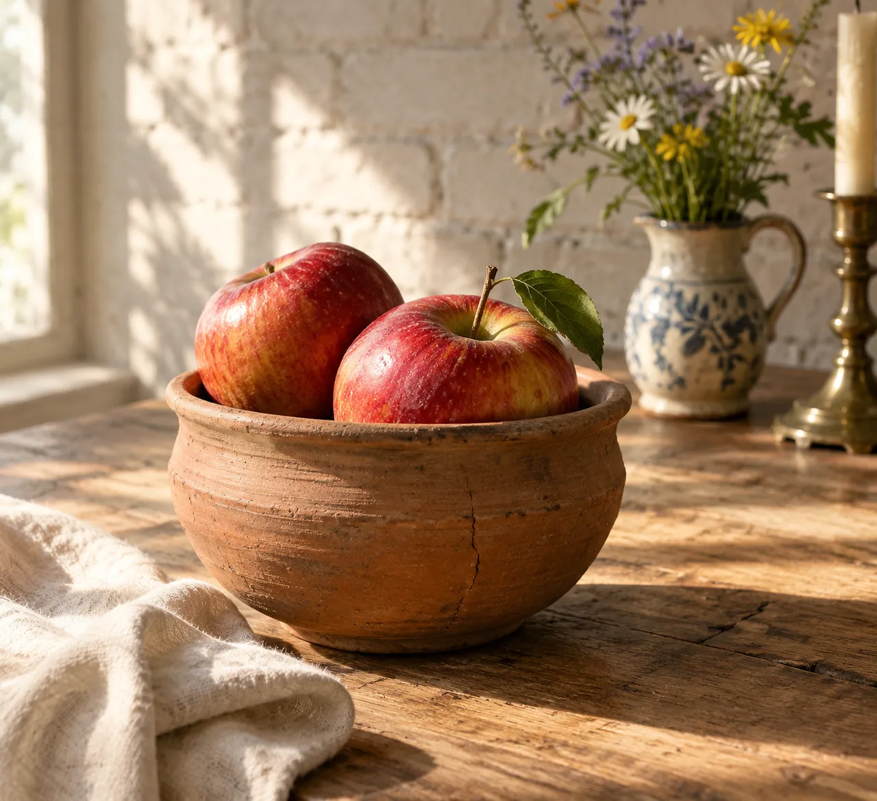 Fotografía de bodegón: Olla de barro con manzanas