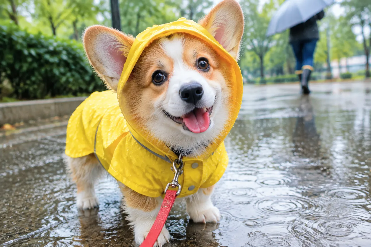 Fotografie: Corgi im Regenmantel