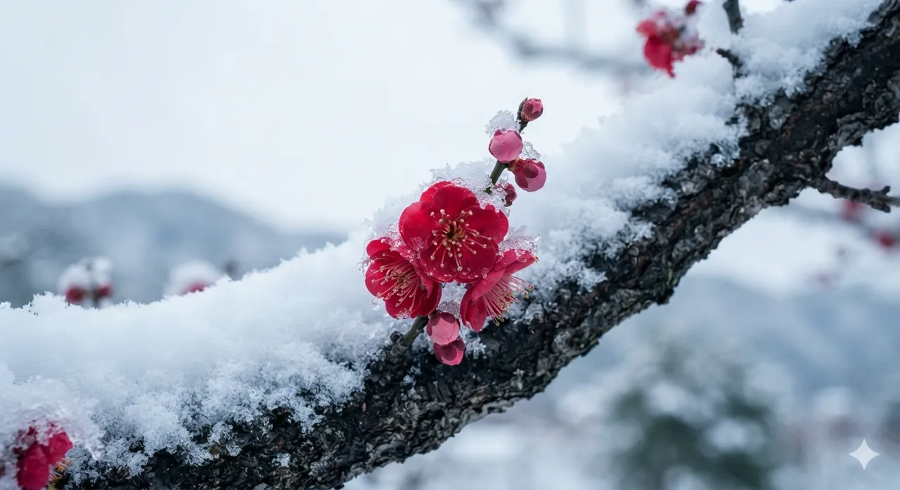 Fotografie: Pflaumenblüten im Schnee