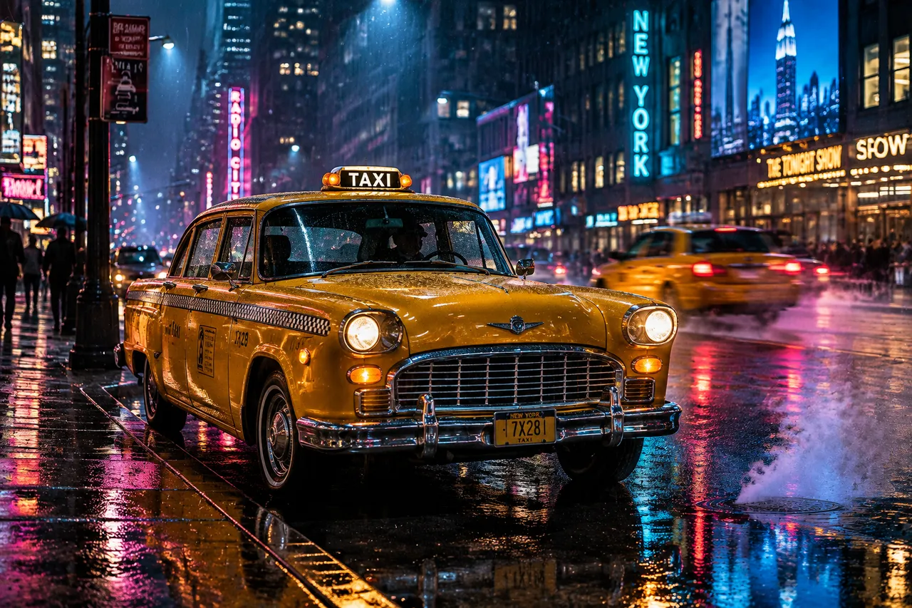 Véhicules : Taxi new-yorkais par nuit de pluie
