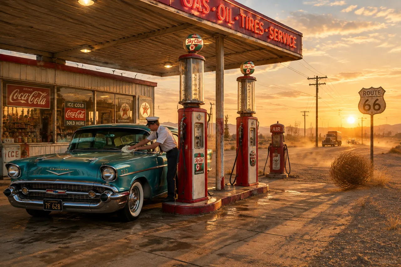 Vintage-Fotografie: Tankstelle der 1950er